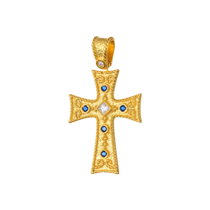 Σταυρός Βυζαντινός για Γυναίκα (925) με πέτρες σε χρώμα Ζαφείρι