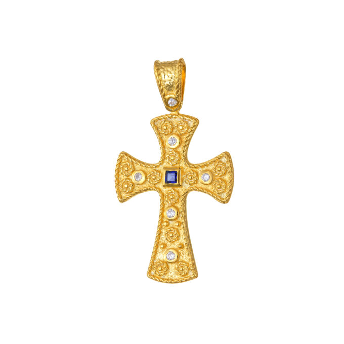 Βυζαντινός Σταυρός (925) με πέτρες σε χρώμα λευκό και ζαφείρι